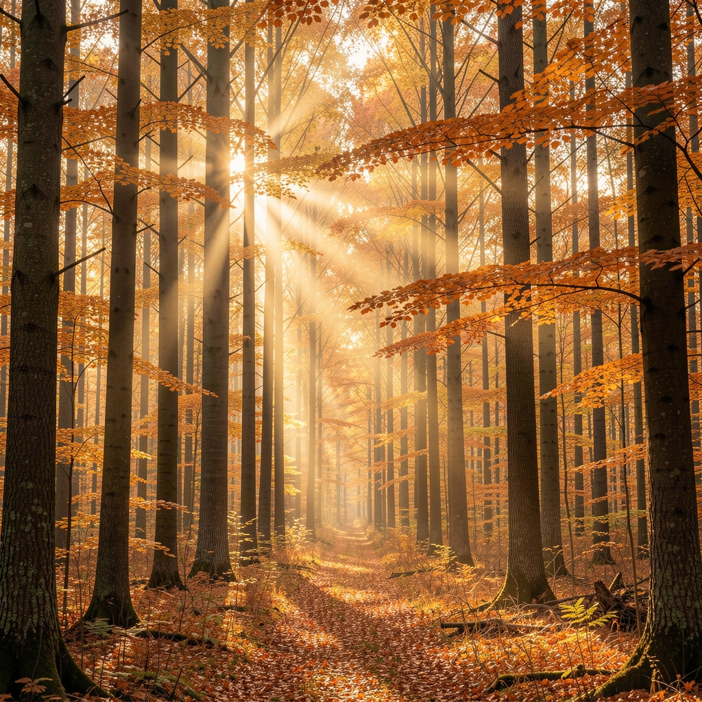 Forêt boréale européenne en automne avec des rayons de lumière qui filtrent entre les grands arbres aux feuilles dorées et orangées, ambiance calme et contemplative