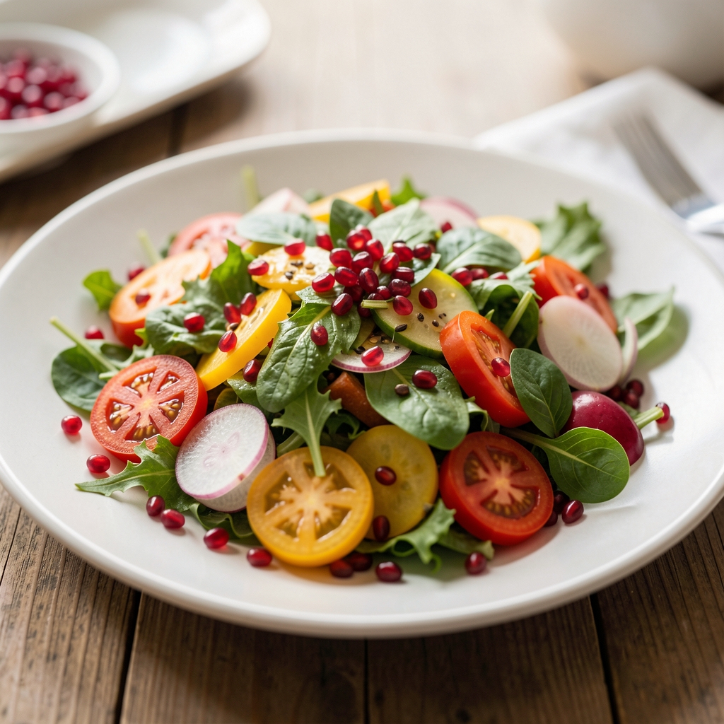 Assiette avec salade méditerranéenne colorée comprenant des légumes frais, des graines de grenade, de l'avocat et des herbes fraîches sur une table en bois clair